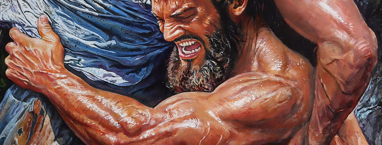 The Bout [Heracles Wrestles Antaeus] by T.Mallon, 28.5 x 60 in / 72 x 152 cm